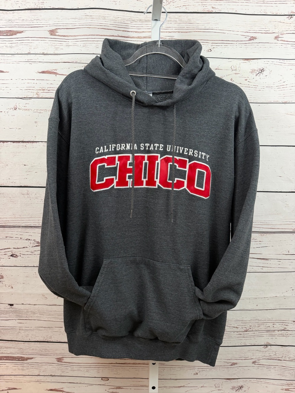 Champion Unisex Dark Gray Hoodie with Red CHICO Lettering Size Large